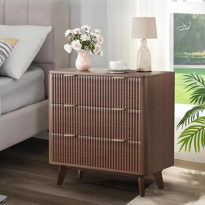 32" Width Fluted Nightstand, Modern 3 Drawer Bedside Table with Gold Handle and Large Drawer, Wood Chest of Bedside Table with Curved Profile, End Table for Bedroom, Living Room, Hallway