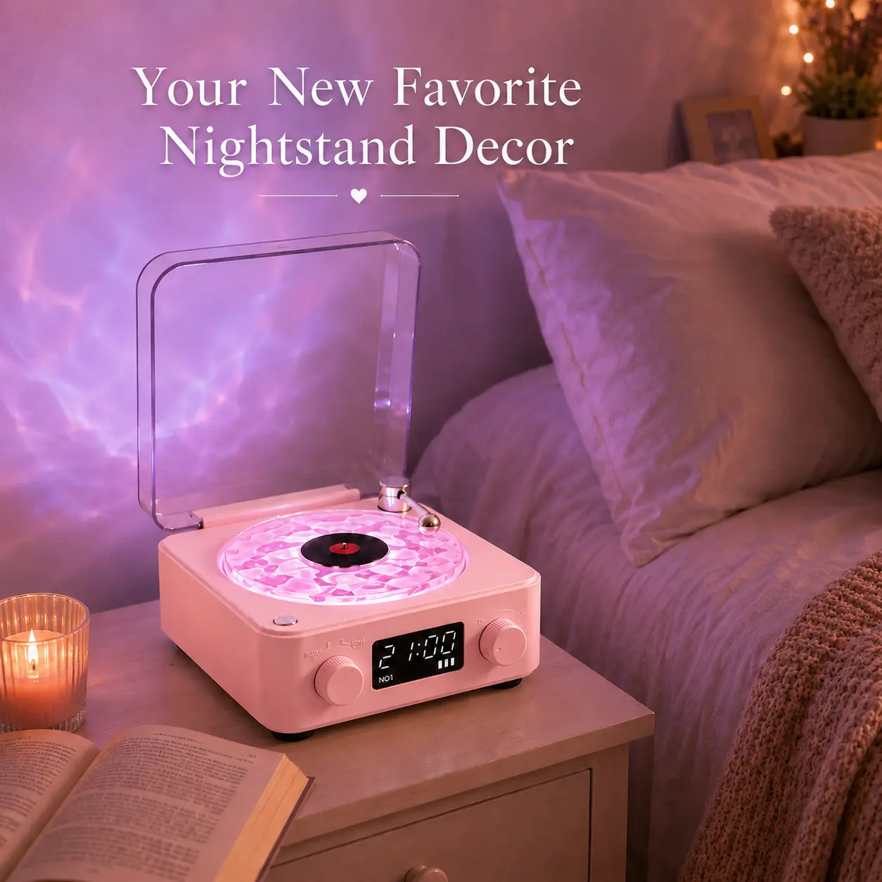 Cozy Bedroom Upgrade Vinyl Speaker with Ambient Light, Bluetooth Music, Sleep Sounds & Nightstand Decor, Girl Room Decor