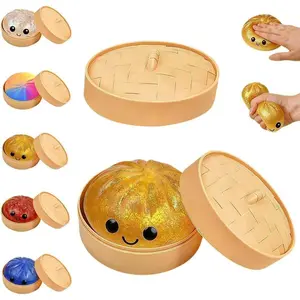 BINOK Dumpling Squishy Toy, Dumpling Squishy Mystery Box, Easter Basket Stuffers, Squeeze Dough Ball Stress Relief Hand Toys with Food Steamer Stretchy Desk Toys (Glitter Gold)