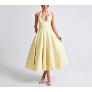 2025 New V-Neck Halter Sleeveless Jacquard Tie Waist Dress Mid-Length High-End Formal Yellow Dress Spring 2025