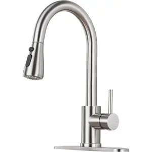 Kitchen Faucet with Pull Down Sprayer - Brushed Nickel Single Handle Kitchen Faucets, High Arc Stainless Steel Pull Out Kitchen Sink Faucet with Deck for Laundry Farmhouse Bar