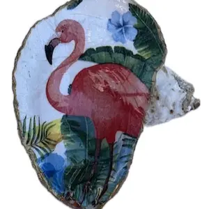 Tropical Pink Flamingo with Gold Metallic Oyster Trinket Dish | Coastal Decor | Beach and Ocean themed Jewelry Holder | Handmade Florida Keys Shell Art