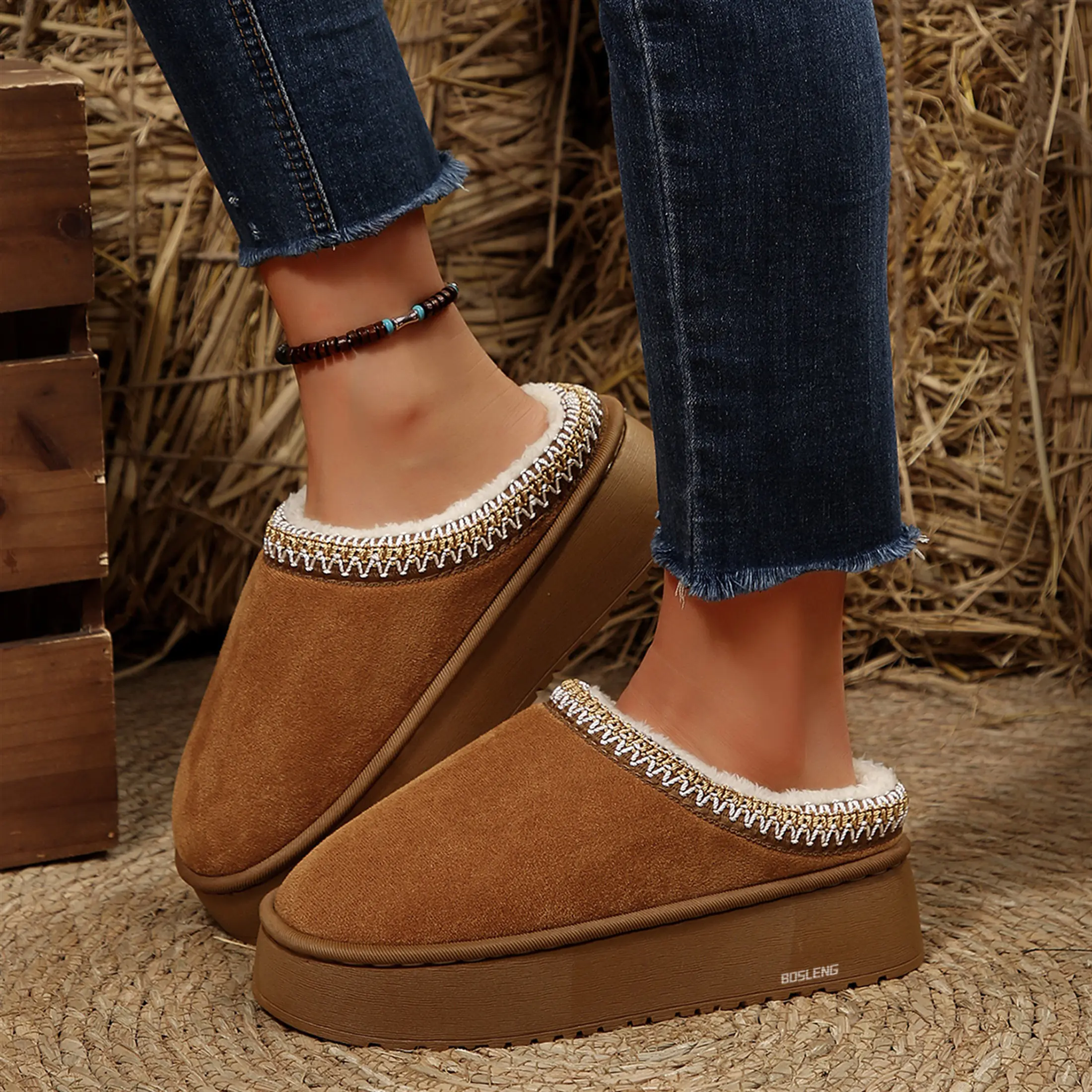 High - Quality Women's Slippers Indoor Outdoor Shoes  Suede Fleece Lined Platform Slippers Winter Warm Mini Snow Boots