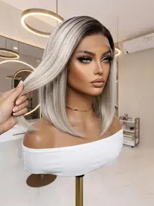 13x9 Synthetic Lace Front Wig Highlighted Bob Cut Short Straight Hair, Free Parting Natural Loose Hand Woven Full Head Cap Natural Looking Wig