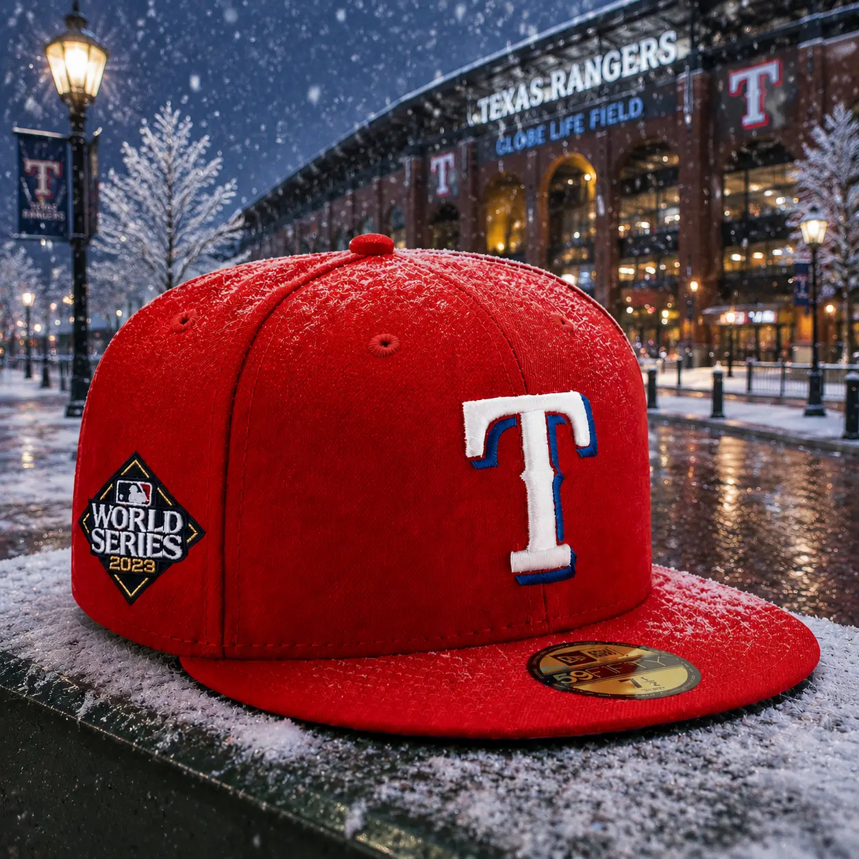 Texas Rangers Red Fitted Baseball Cap 59FIFTY Style Hat with World Series Patch Flat Brim Sports Streetwear