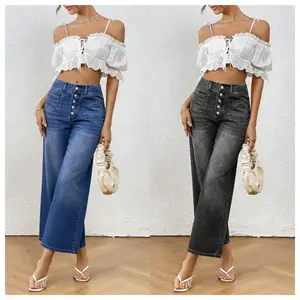 Casual and Party Jeans for Women Retro High-Waisted Wide-Leg Straight-Leg Style Single-Breasted Details Ankle Cut to Nine-Inch Length All Seasons distressed denim jean