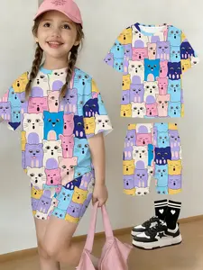 Girls' Summer T-Shirt Shorts Set, Cute Cartoon Cat All over Print, Casual Streetwear, Perfect Gift for Kids, Outdoor Wear