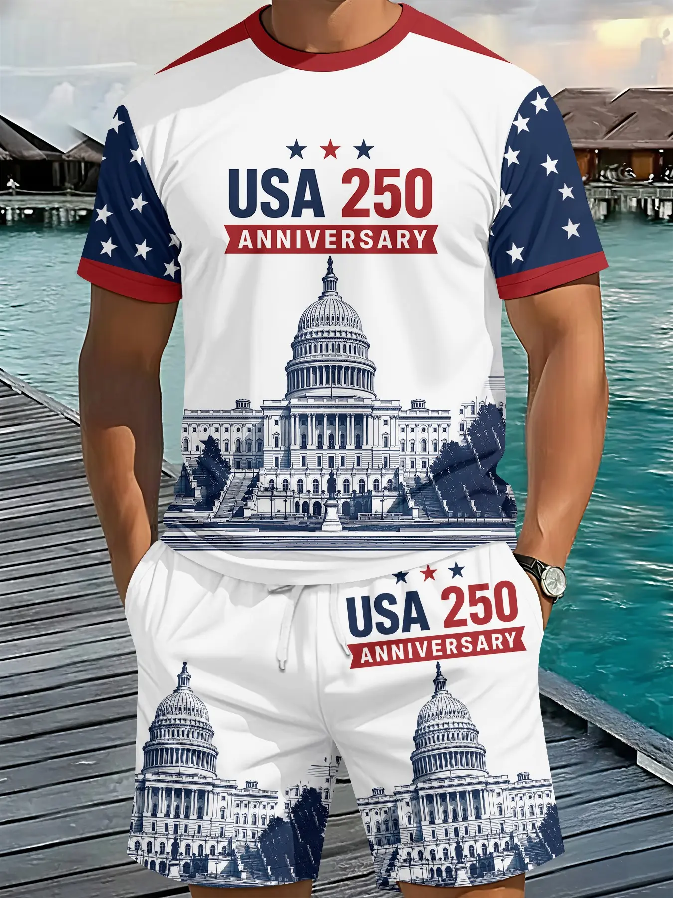Men's 3D Digital Printed 2-Piece Capitol Memorial Set, 2Pcs, Trendy Fashion Outfit, Retro Casual Two-Piece Suit, Vacation-Style Trendy Wear, Breathable Sports Casual Style, Perfect Holiday Gift for Men