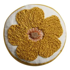 Round Mustard Tufted Flower Throw Pillow, Round Floral Pillows for Couch & Bed, Indoor Outdoor Decorative Cushion, Home Deco Cushion for Sofa Living Room