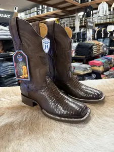 "WILD WEST" Men's Boots Wide Square Lizard Teju Brown Lether Sole