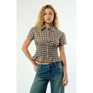 Daisy Street Women's Honey Plaid Short Sleeve Polo Top