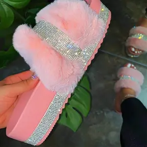 Women's Bling Fluffy Slippers Fur Slides Platform Wedges Heel Solid Pink with Rhinestone Accents Furry