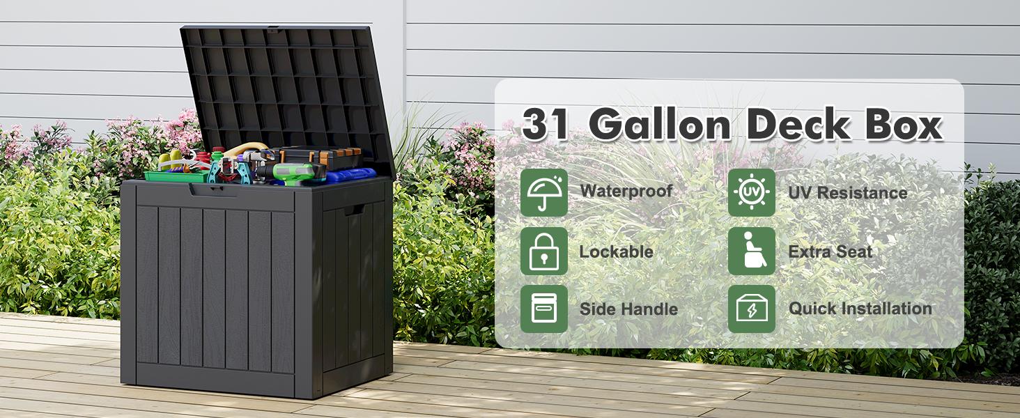 31-Gallon Outdoor Storage Box, Waterproof & UV-Resistant, Perfect for Organizing Patio Furniture, Cushions, Toys, and Tools. Ideal for Patio, Garage, and Deck.