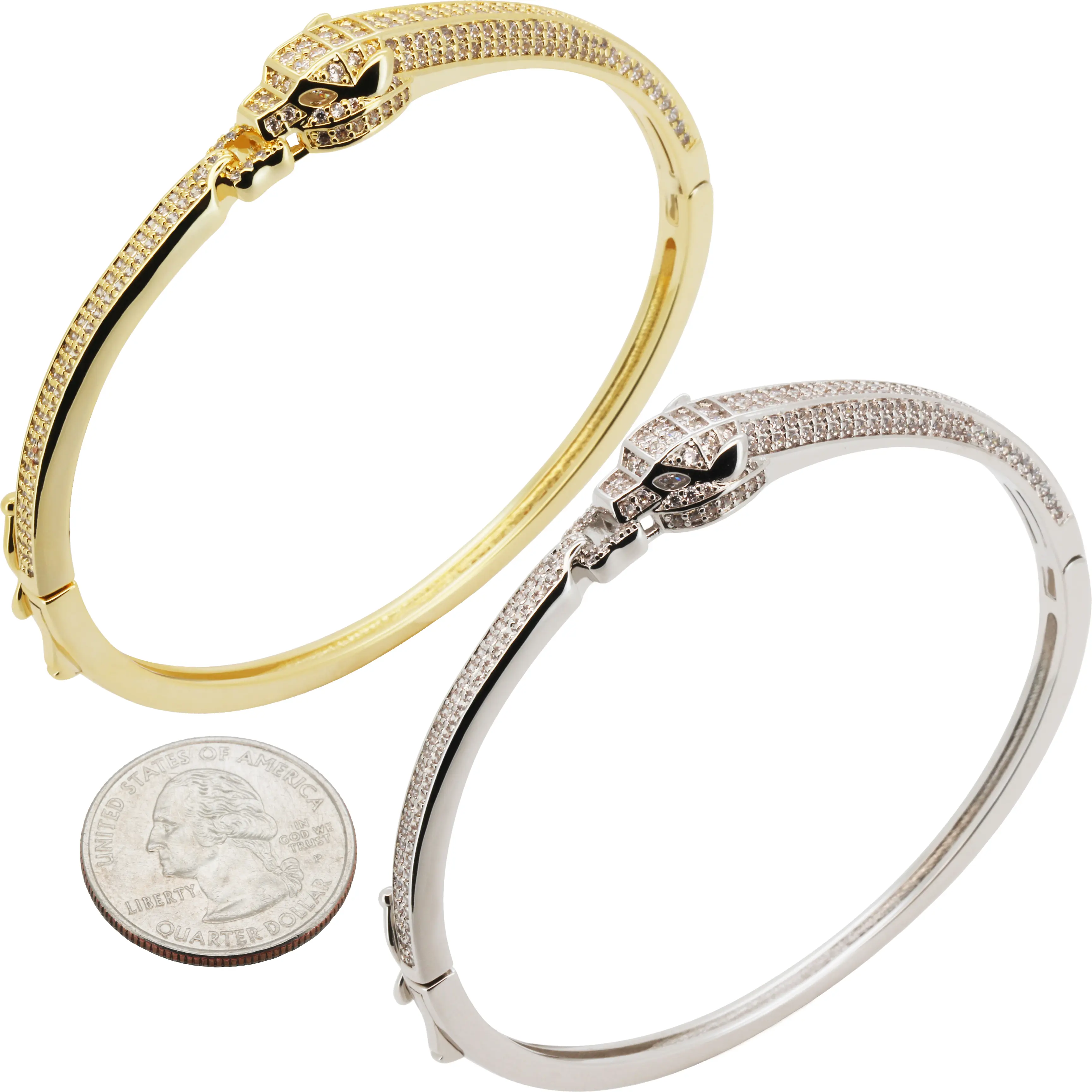 14k Yellow/White Gold Plated AAA Cubic Zirconia Panther Bangle Bracelet 7”
