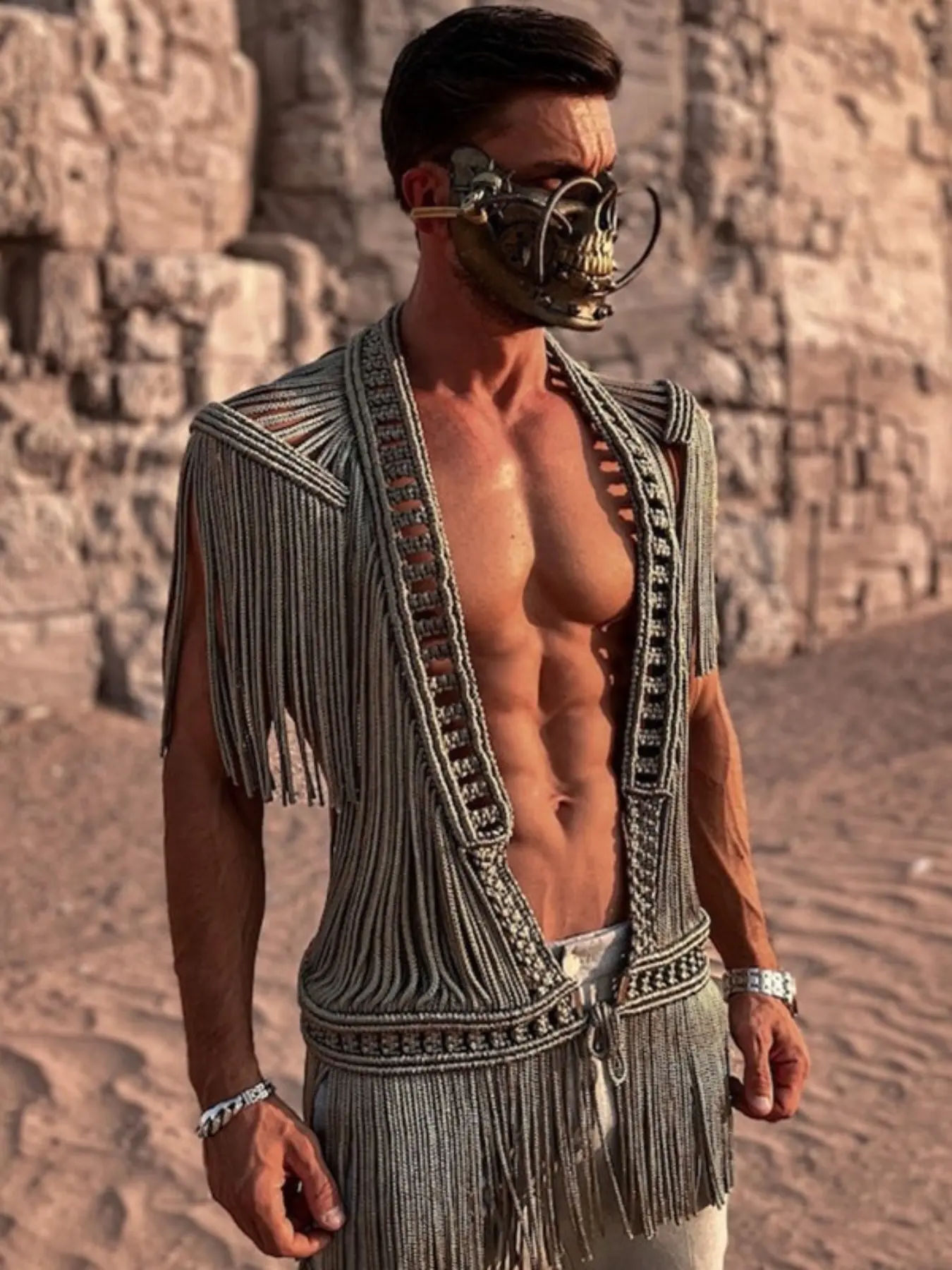 Handmade Knitted Fringe Tassel Shawl Fitted Vest, Creative Design Sexy Men's Casual Wear, Unique Fashion Accessory for All Seasons