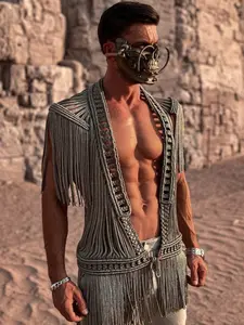 Handmade Knitted Fringe Shawl Fitted Vest, Creative Design Sexy Men's Casual Wear, Unique Fashion Accessory for All Seasons