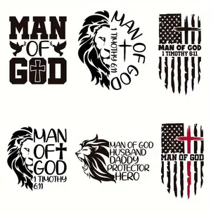 Lion God's Man Timothy Iron-on Patches, 6 Counts/set Faith Jesus Bible Blessing DIY Custom Transfer Stickers for T-shirts, Jeans, Backpacks, Novelty Clothing Accessories