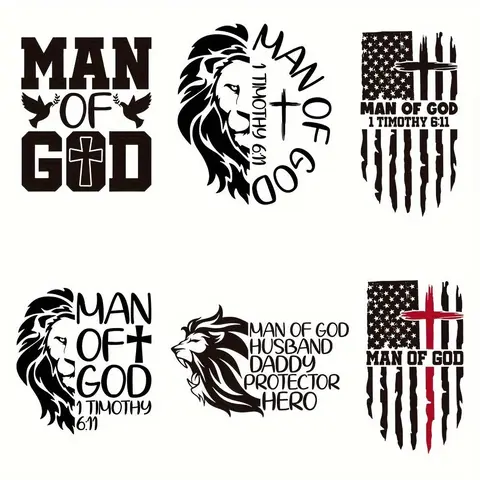 Lion God's Man Timothy Iron-on Patches, 6 Counts/set Faith Jesus Bible Blessing DIY Crafts Craft Supplies Custom Transfer Stickers for T-shirts, Jeans, Backpacks, Novelty Clothing Accessories