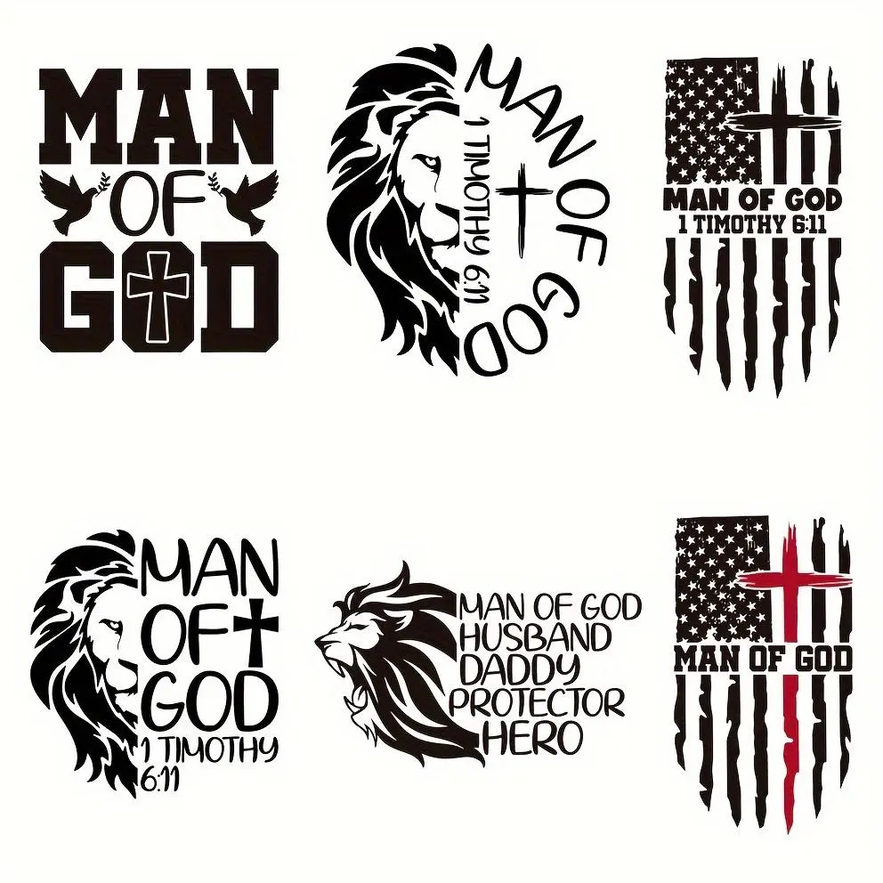 Lion God's Man Timothy Iron-on Patches, 6 Counts/set Faith Jesus Bible Blessing DIY Crafts Craft Supplies Custom Transfer Stickers for T-shirts, Jeans, Backpacks, Novelty Clothing Accessories