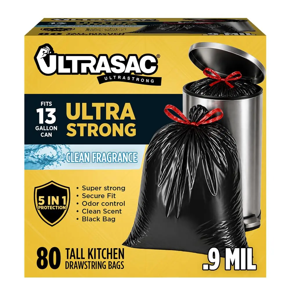 Ultrasac 13-Gallon Black Drawstring Trash Bags, 0.9 Mil, 80 Count, Tall Kitchen Bags for Home & Commercial Use
