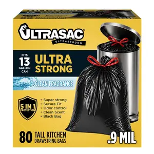 Ultrasac 13 Gallon 0.9 MIL Black Clean Scent Drawstring Tall Kitchen Trash Bags - 24" x 27" - Pack of 80 - For Home, Kitchen, Food Services, & Commercial