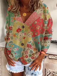 Women's V Neck Floral Patchwork Knit Cardigan, Loose Fit Long Sleeve Button Front Sweater, Casual Elegant Fall Winter Outerwear, Knitwear, Womenswear