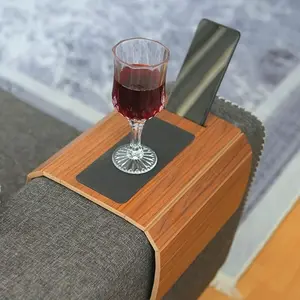 Functional Wooden Sofa Arm Tray, Adjustable Armrest Table with Cup and Phone Holder Patterned Cocktail Table Natural