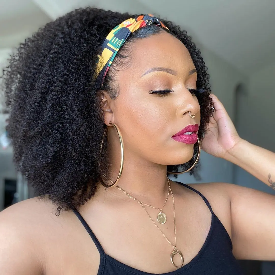 Glueless Headband Wig Human Hair180% Afro Kinky Curly Headband Wig Human Hair Natural Color Machine Made Afro Curly Headband Wig Human Hair Kinky Curly None Lace Front Wigs Human Hair Wigs