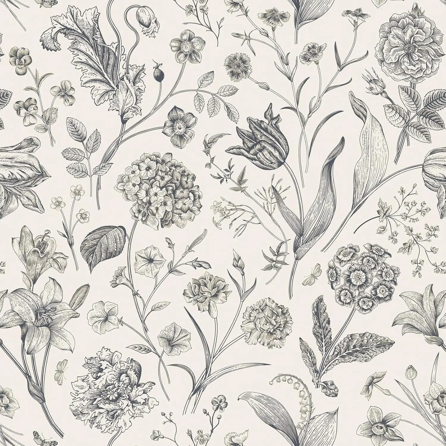 Beige and Black Floral Peel and Stick Wallpaper Floral 17in x 118in | Botanical Wallpaper Vintage Contact Paper Black Flower Removable Wall Paper for Bathroom Bedroom Boho Self Adhesive Vinyl