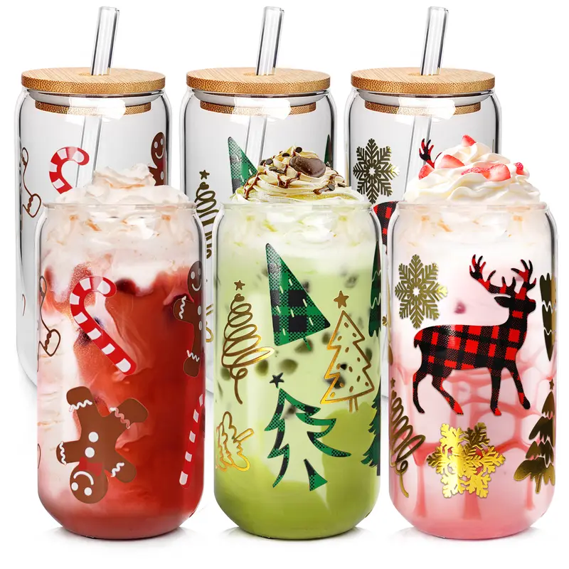 Mason Life 6-Piece 18oz Glass Christmas Coffee Mug Tumbler Set - Reusable Drinkware with Lid & Straw, Colorful Tree Gingerbread Decorations, White Elephant Gift for Grandma Sister, Last Minute Holiday Gifts