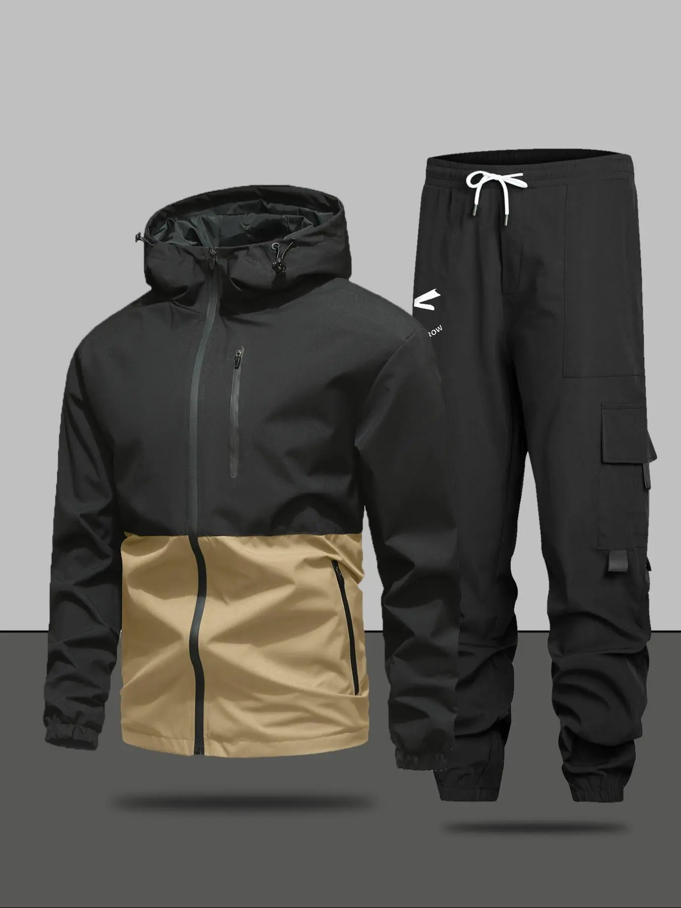 Men's Elastic Hooded Jacket & Cargo Pants Set, Drawstring Ankle Cuffs, Colorblock Design, Zipper Pockets, All-Season Wear, Winter Set