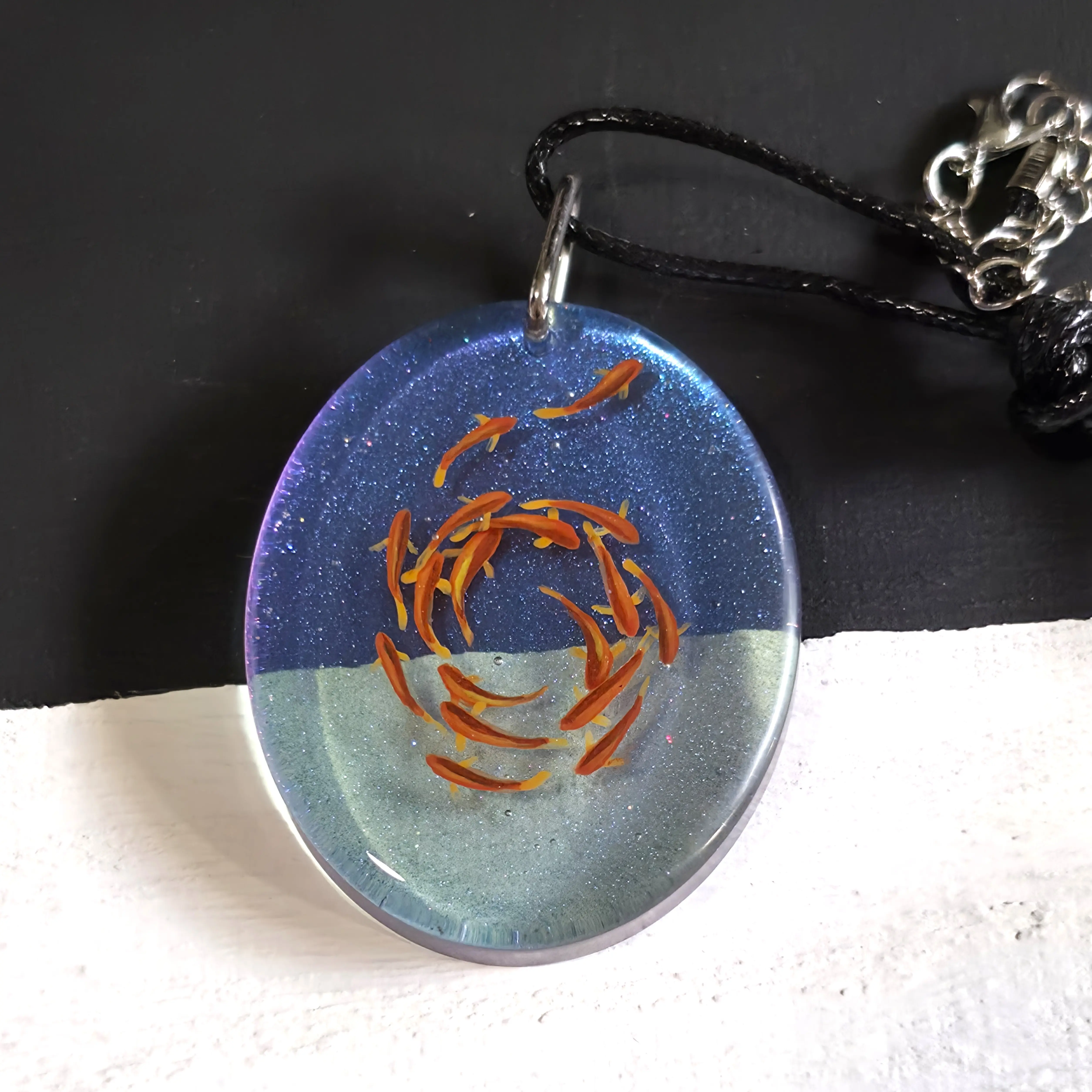 Pendant Resin Hand Painted Koi Fish Large Blue Glitter One-of-a-Kind Jewelry