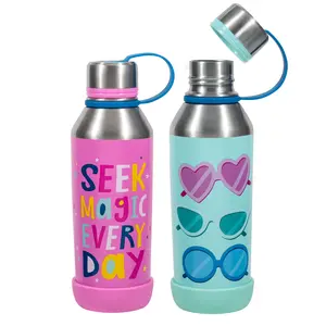 COOL GEAR 2-Pack14 oz Kids Stainless Steel Double Walled Vacuum Insulated Tyler Bottle, Bumper Included with Threaded Lid Loop
