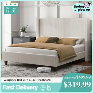 【Bed Frame Only】VanAcc Upholstered Platform Bed Frame, Wingback Bed with 50.8" Headboard, Modern Corduroy Design, Solid Wood Leg/No Box Spring Needed, Unique Bedroom Furniture