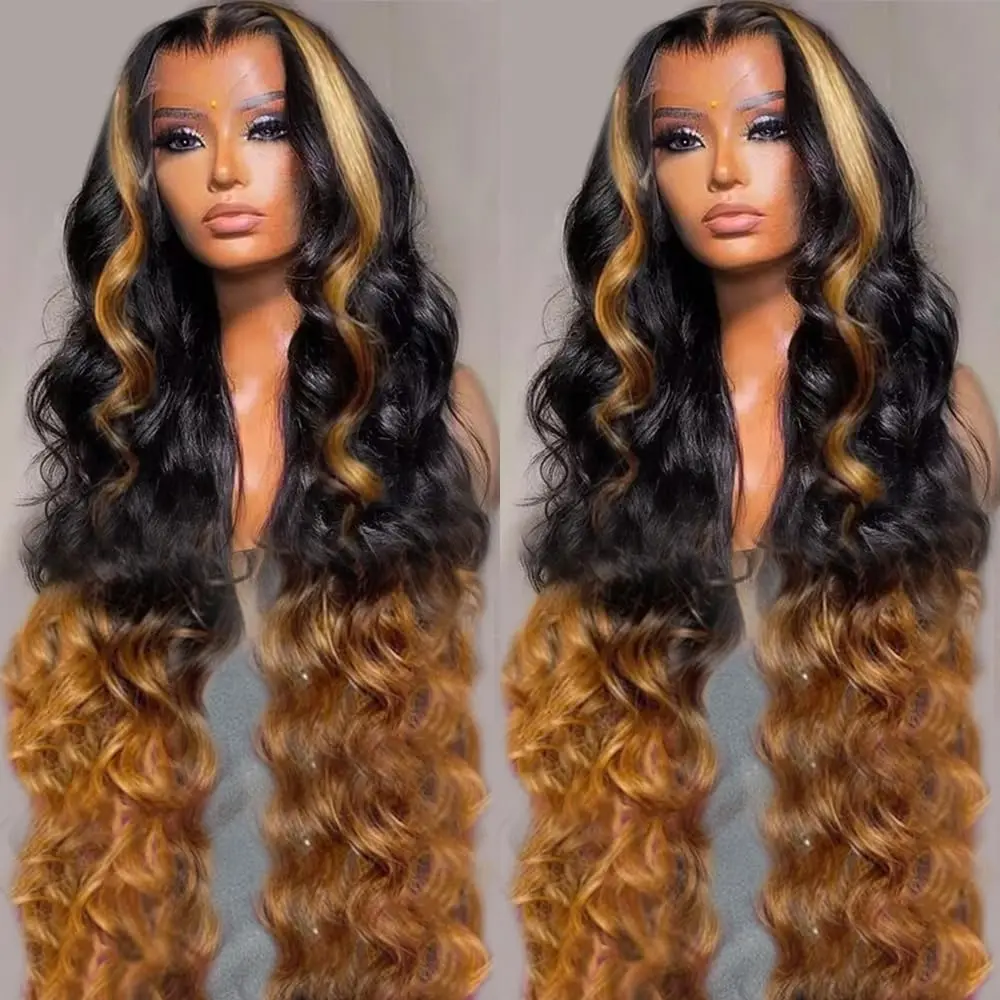 Colored 13x6 Lace Front Wigs Human Hair Pre Plucked Body Wave 13x6 OT1B/30 Ombre Transparent Lace Front Wig Human Hair With Baby Hairs Glueless Wigs Brown Highlight Balayage Wig Body Wave Human Hair Wig For Women 2 Tone Black and Brown Wig Highlights