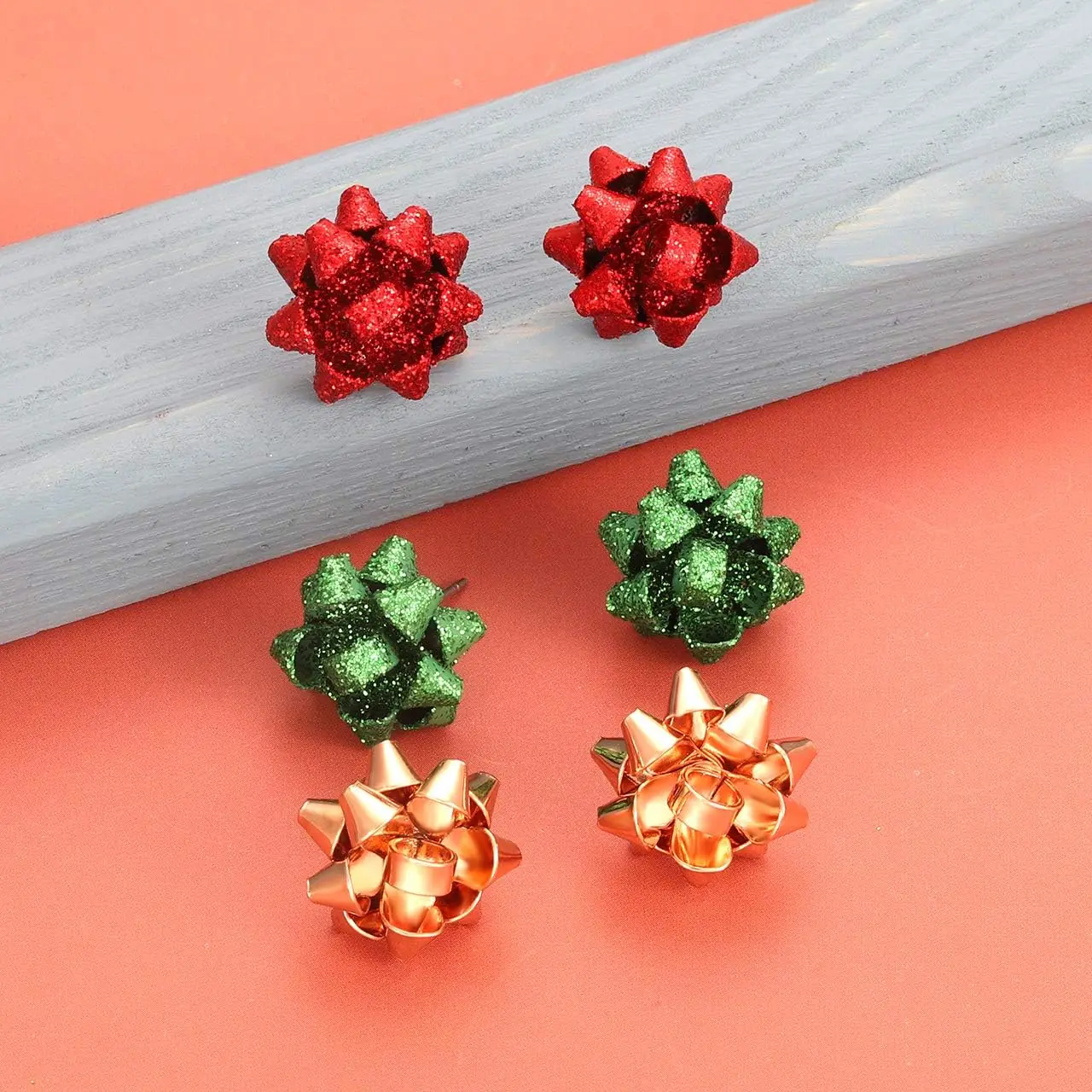 12 Pairs Christmas Bow Earrings Gold Silver Red Green Polished Glitter Gift Bow Santa Earrings for Women Gift