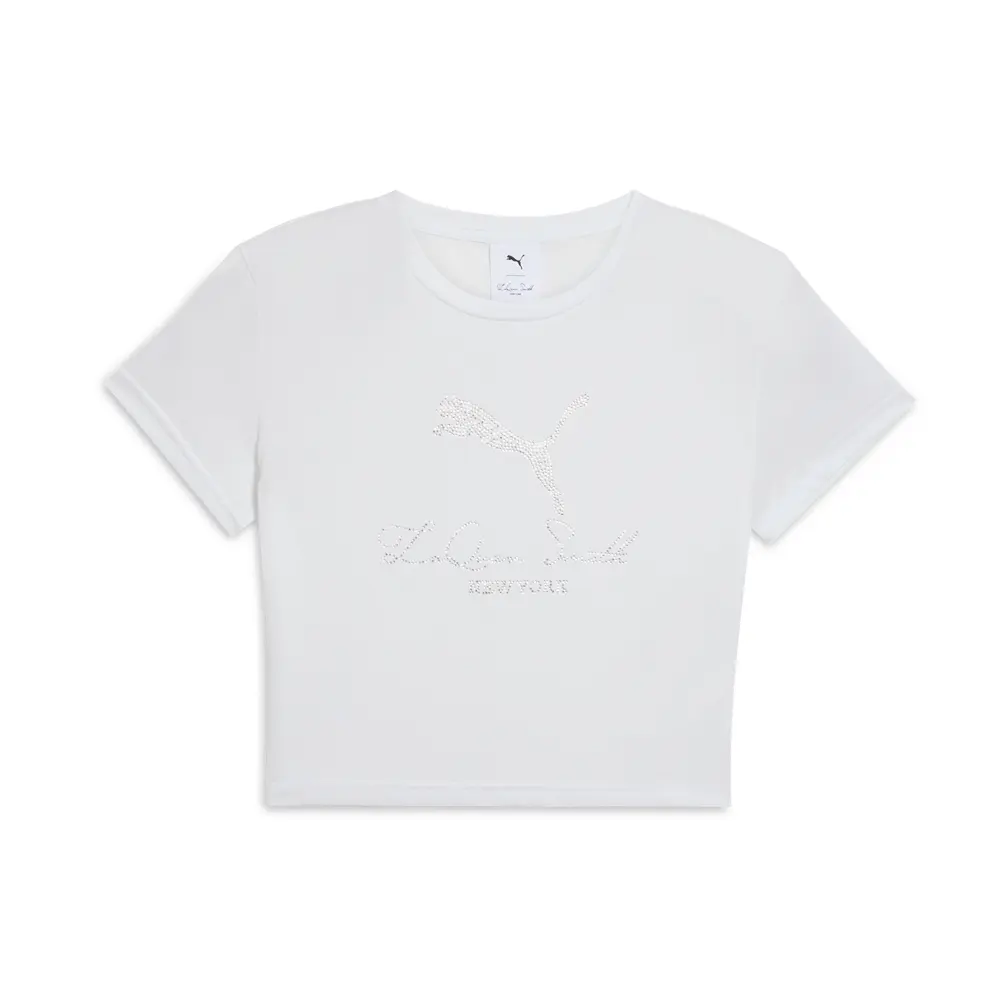 PUMA Womens Laquan Smith Graphic Rhinestone Baby Crew Neck Short Sleeve Casual Tops Casual - White