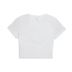 PUMA Womens Laquan Smith Graphic Rhinestone Baby Crew Neck Short Sleeve Casual Tops Casual - White