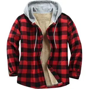 Cotton Plaid Shirts Jacket Fleece Lined Flannel Shirts Button Down Jackets with Hood for Men