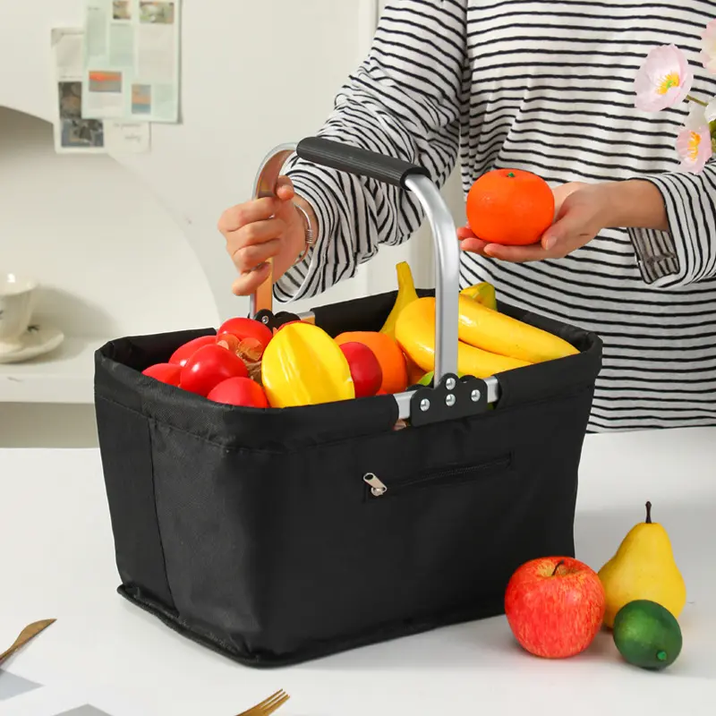 Collapsible Aluminum-Frame Basket, Large Zippered Side Pocket, Foldable Oxford Cloth Shopping Basket, Insulated Basket, Portable Picnic Basket, Carry Basket, Fast Food Basket, Supermarket Shopping Basket