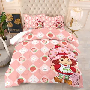 Strawberry Shortcake Themed Comforter Set, 1 Comforter and 1-2 Pillowcases Coreless, Pink Argyle Pattern Strawberry Bunny Daisy and Custard Cat Print, Soft Comfortable, Perfect Gift for Cartoon Lovers