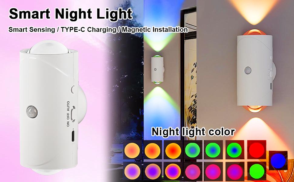ISUNMEA 2 Pack LED Motion Sensor Night Light, Color-Rechargeable Battery Stair Light, Wireless Magnetic Wall Lamp, Cordless LED Wall Night Lights for Steps, Bedroom, Hallway, Courtyard, Holiday Decor
