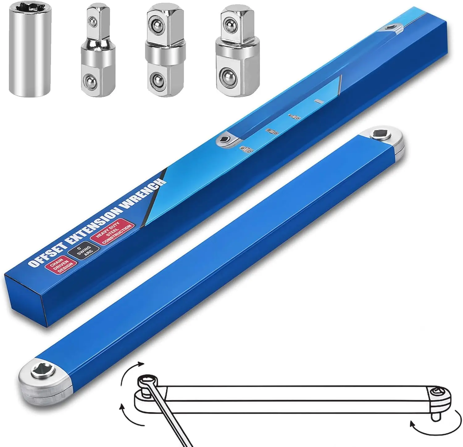 Multi-Function Ratchet Offset Extension Wrench | With 1/2", 1/4" and 3/8" Square Head Adapters, 180 Degree Swivel, High Torque, Non-Slip Handle, Durable Metal, Automotive Repair Hand Tools