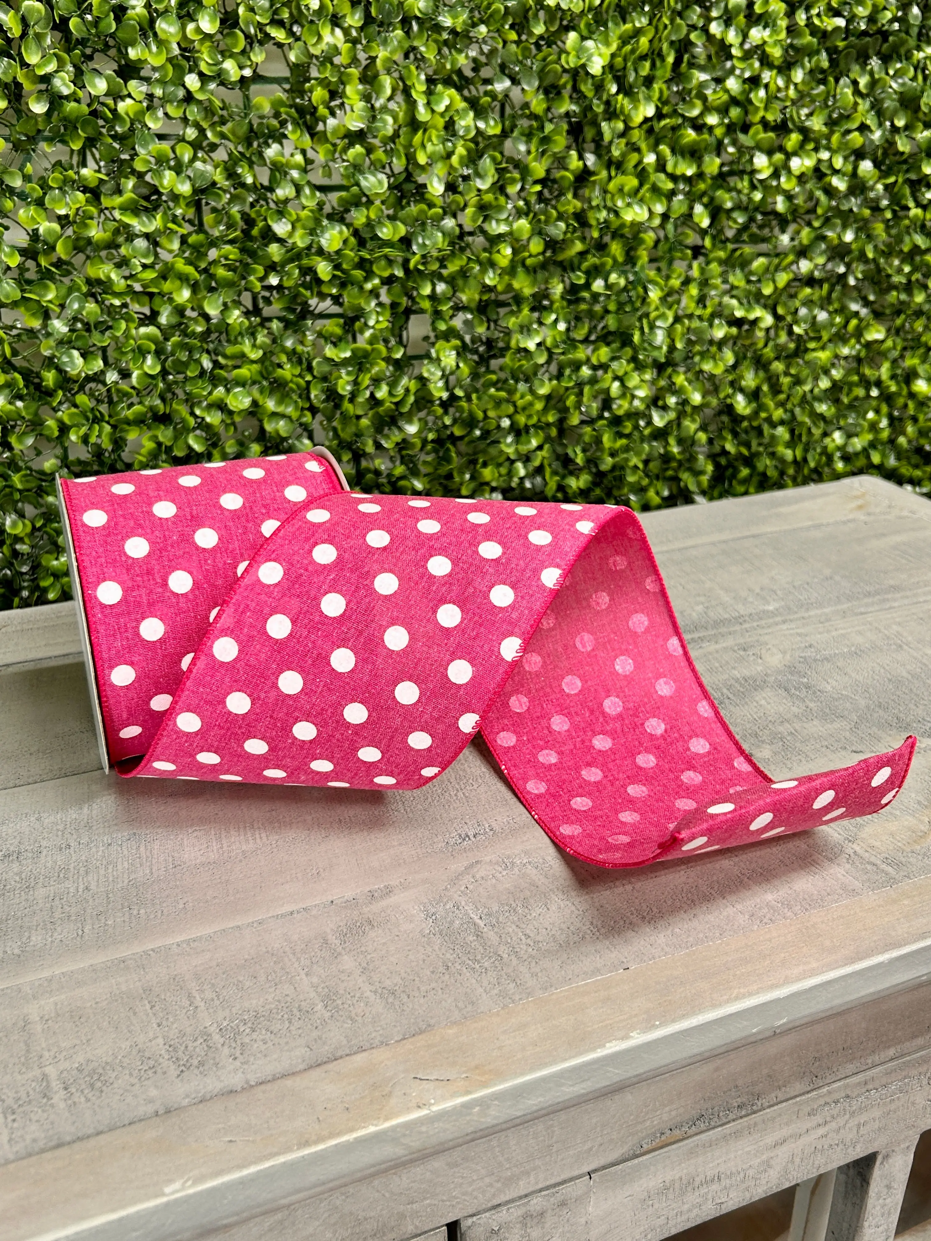 4 Inch By 10 Yard Fuchsia Polka Dot Linen Ribbon
