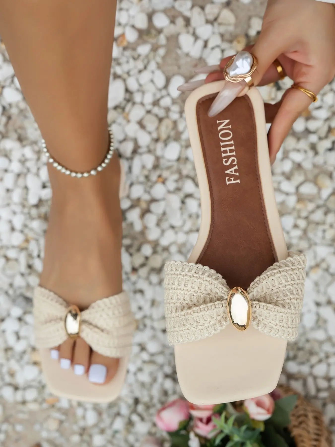 New Woven Bow Women Sandals Flat One Strap Shoes with Letter Print Soft Lightweight, Casual Textile Upper All Seasons Flat Sole Sandals Fashionable Footwear