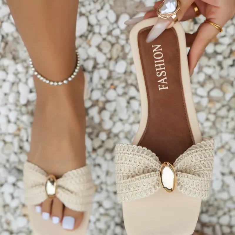 New Woven Bow Women Trending Sandals Flat One Strap Shoes with Letter Print Soft Lightweight, Casual Textile Upper All Seasons Flat Sole Sandals Fashionable Footwear
