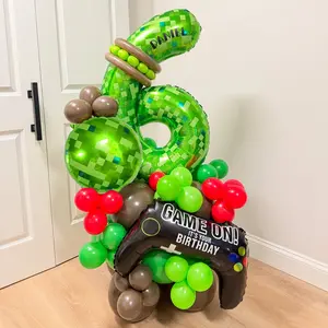 40 Inch Green Pixel Miner Theme Balloon Set, Diamond Sword Aluminum Film Balloon, Black Gamepad Shaped Aluminum Film Balloon, 18 Inch Pixel Ball Ball, Cocoa, Green, Jungle Game Event, Birthday Party Decoration, Party Event Scene Decoration,