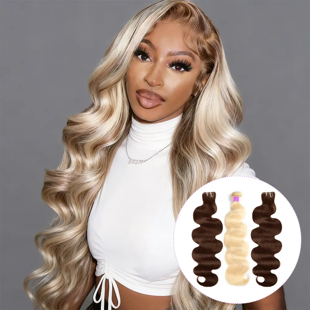 Highlight Ombre Hair Bundles in #4 Brown & #613 Blonde, 100g Body Wave Brazilian Remy Human Hair Extensions for a Natural Look, Soft Waves, Remy Hair