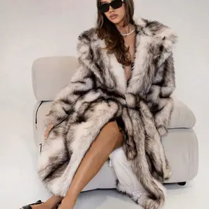 winter Faux Fur Jacket - Stylish Women's Outerwear with Luxurious Texture and Versatile Design for Everyday Wear Slimming Vertical Striped with Belt Coats Warm Maxi Coat Long Sleeve clothes