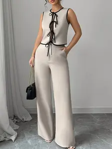 2026 Women's Irregular Drawstring Design Sleeveless Top & Pants Set Spring Summer Commuter Style Versatile for Casual Outings